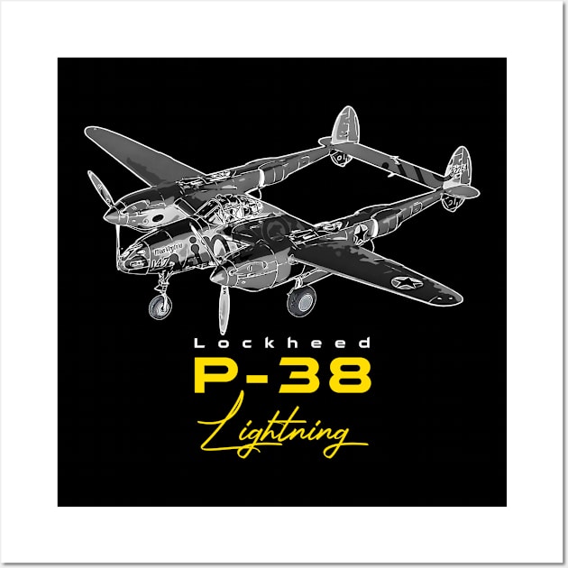 Lockheed P-38 Lightning American fighter Bomber Aircraft Wall Art by aeroloversclothing